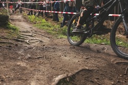 mountainbike race driver on black bike raises dust cycling over a root passage of a secured race track while being watched by many spectators – selective focus with limited depth of field
