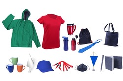 Composition of different promo products-Thermo cups-T-shirt-Hoodie sweatshirt-tie-pen-notebook paper-Lanyards Neck Strap-Mask covid-19-cap-cups tea-tote bag-Pennant-backpack-Table flag-Isolated
