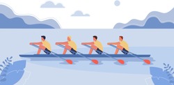 Four athletes swim on a boat. The concept of rowing competitions. Vector illustration, cartoon style.