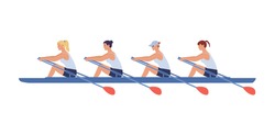 Four female athletes swim in a boat. Concept of competitions in academic women 's rowing. Vector illustration in flat design style.