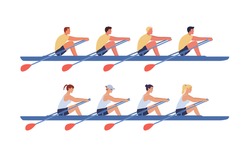 The women's and men's rowing teams sail in boats. Concept of competitions in academic rowing. Vector illustration in flat design.