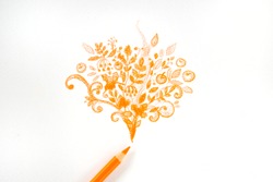 the pencil draws orange autumn leaves