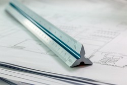 Close up scale ruler on drawing architecture background
