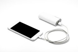 White smart phone charger with power bank (battery bank) on white background