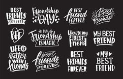 Set of friends and friendship phrases handwritten with calligraphic fonts. Collection of written lettering isolated on black background. Elegant design elements. Monochrome vector illustration.