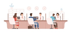 Male and female clients sitting and talking to managers or analysts of credit department. Bank workers providing services to customers. Colorful vector illustration in modern flat cartoon style.
