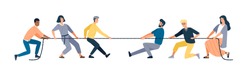 Two groups of people pulling opposite ends of rope isolated on white background. Tug of war contest between office workers. Concept of business competition. Vector illustration in flat cartoon style.