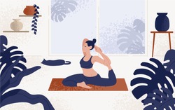 Young woman sitting in yoga posture and meditating. Girl performing aerobics exercise and morning meditation at home. Physical and spiritual practice. Vector illustration in flat cartoon style.