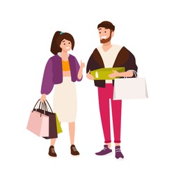 Funny couple carrying shopping bags and boxes. cute boyfriend and girlfriend holding their purchases. Pair of shopaholics. Cartoon characters isolated on white background. Flat vector illustration.