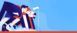 Office workers or clerks standing ready on start line before race or sprint. Business competition or rivalry between employees or colleagues. Colorful vector illustration in flat cartoon style.
