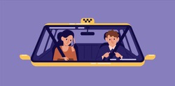 Taxi driver and young woman sitting in front seat and talking on mobile phone in cab seen through windshield. Girl with smartphone using automobile service. Flat cartoon colorful vector illustration.