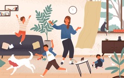 Confused mom and adorable naughty mischievous children jumping around her. Distressed and unhappy mother surrounded by playing kids. Modern parenting. Flat cartoon colorful vector illustration.