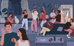 Happy friends at home party. Apartment or living room full of people having fun, dancing and talking. Young cute men and women spending time together at night. Flat cartoon vector illustration.