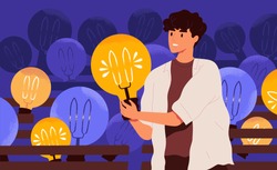 Young happy man holding lightbulb. Smiling boy with light bulb. Concept of generation of innovative ideas, creative thought, creativity and imagination. Flat cartoon colorful vector illustration.