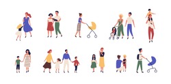 Bundle of walking families. Collection of mothers, fathers and children spending time together. Set of strolling parents and kids isolated on white background. Flat cartoon vector illustration.