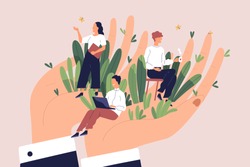 Giant hands holding tiny office workers. Concept of employee care, wellbeing at work or workplace, perks and benefits for personnel, support of professional growth. Flat cartoon vector illustration.