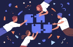 Teamwork and team building flat vector illustration. Coworkers assembling jigsaw puzzle cartoon characters. Coworking and business partnership concept. Businessmen and businesswomen cooperation.