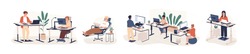 Contemporary workspace flat vector illustrations set. Working office employees sitting and standing behind ergonomic furniture cartoon characters isolated on white background. Coworking openspace area