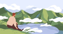 Nature exploration and contemplation flat vector illustration. Man enjoying scenic mountain landscape. Searching new horizons. Explorer cartoon character. Outdoor activity, discovery.