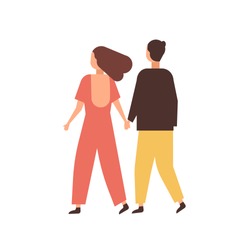 Couple holding hands flat vector illustration. Young people dating cartoon characters. Loving pair romantic relationship. Boyfriend walking with girlfriend. Happy sweethearts on stroll back view.