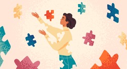 Self healing, recovery flat vector illustration. Woman assembling herself cartoon character. Girl feeling incomplete, looking for fitting puzzle pieces. Mental rehabilitation, psychotherapy concept.