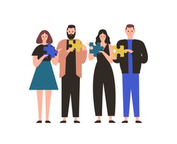 People holding jigsaw puzzle flat vector illustration. Business team collaboration, employees coworking metaphor. Teamwork and cooperation. Project management, problem solving concept.