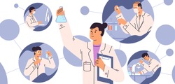 Chemical laboratory research. Vaccine discovery concept. Scientists with flasks, microscope and computer working on antiviral treatment development. Vector illustration in flat cartoon style