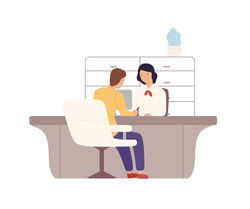 Smiling cartoon woman bank worker and man customer signing documents at office vector flat illustration. Colorful female providing services to male client isolated on white. People at payment office