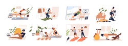 People doing exercises with dumbbell, squat, practice yoga, cycling. Men, women, families and couples doing sports at home. Home workout collection. Vector illustration in flat cartoon style