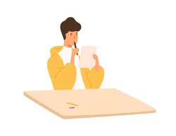 Pensive student guy holding paper sheet and pen sitting at table vector flat illustration. Focused male thinking on test at college or university isolated on white background. Teenager at examine