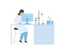 Focused female scientist sitting at desk working on computer vector flat illustration. Woman in white coat at science laboratory isolated on white background. Scientific research and analyzing
