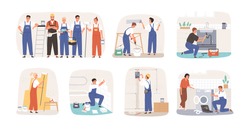 Set of various smiling home masters and repairmans vector flat illustration. Collection of different plumber, painter, plasterer, tiler and electrician isolated on white. Man and woman repairers