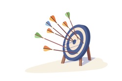 Colorful arrow hitting target mark vector illustration. Multiple arrows exactly into goal of dartboard isolated on white background. Concept of accuracy business strategy, successful and victory