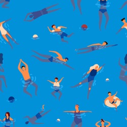 People swims in swimming pool performing water activities seamless pattern. Active man, woman and children wearing swimsuit rest at sea vector flat illustration. Relaxed person enjoying recreation