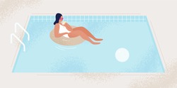 Relaxed fashionable woman with cocktail at swimming pool vector flat illustration. Female in swimsuit and sunglasses floating on rubber ring. Tanned girl in bikini enjoying summer vacation