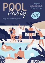 Invitation template of pool party with place for text vector flat illustration. Promo poster of open air entertainment event. People have fun at outdoor discotheque - dance, swim, drink cocktails