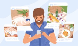 Young guy sharing moments at social networks vector flat illustration. Modern male holding smartphone making post for followers. Addiction from social media and internet