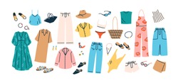 Set of summer fashion clothes vector flat illustration. Collection of trendy clothing for vacation or beach isolated on white. Colored stylish shoes, dress, trousers, shirt, swimsuit and accessories