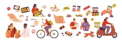 Set of scenes with delivery service of takeaway food. Mobile application for product online order. People pizza deliveryman on scooter and bicycles. Flat vector cartoon illustration isolated on white