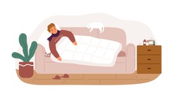 Guy with fever and influenza symptoms lying on sofa under blanket vector flat illustration. Sickness man having health problem sleeping on couch at home isolated. Male with grippe or infection