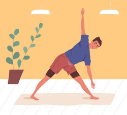 Active man doing yoga exercise at home or gym vector flat illustration. Flexible male practicing stretching or aerobics on mat. Guy in sportswear enjoying sports training or workout