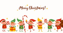Group of cute elves on Merry Christmas horizontal background. Funny Santa helpers in costumes isolated. Fairy tale festive childish characters holding holiday gifts, candy, ringing xmas bell