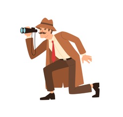 Male detective sneaking looking through binoculars during spy vector flat illustration. Private agent in coat and hat holding surveillance equipment isolated. Observation and investigation