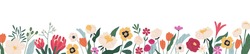 Horizontal white banner or floral backdrop decorated with gorgeous multicolored blooming flowers and leaves border. Spring botanical flat vector illustration on white background