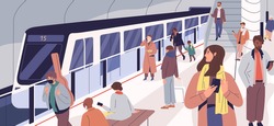 Subway train arriving at metro platform. Passengers standing and sitting in modern metro station. Male and female characters using urban public transport. Daily city life. Flat vector illustration