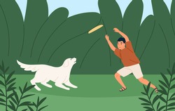 Happy boy playing with cute dog at summer park vector flat illustration. Funny child with playful domestic animal. Pet and male kid owner spending time together outdoor
