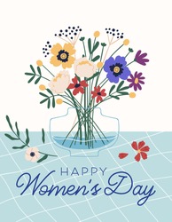 Graphic design of postcard for 8 March with Happy Women's Day inscription. Vertical greeting card with wild flower bouquet in vase and place for text. Colorful flat vector illustration