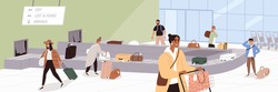 Scene with people at airport baggage claim area. Passengers at conveyor belt with luggage. Carousel with bags and suitcases at international terminal. Colored flat vector illustration
