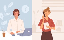 Woman with phone calling to customer support service. Operator of online consulting center during consultation with client. Colored flat vector illustration of online helpdesk or hotline