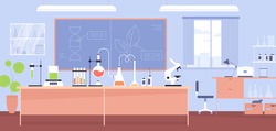 Interior of chemical laboratory with furniture, microscope, flasks and tubes. Experiment in chemistry classroom in school. Colored flat cartoon vector illustration of research room with equipment